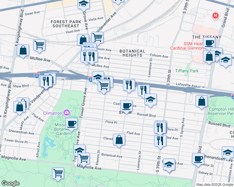 map of restaurants, bars, coffee shops, grocery stores, and more near 4136 Shaw Boulevard in St. Louis