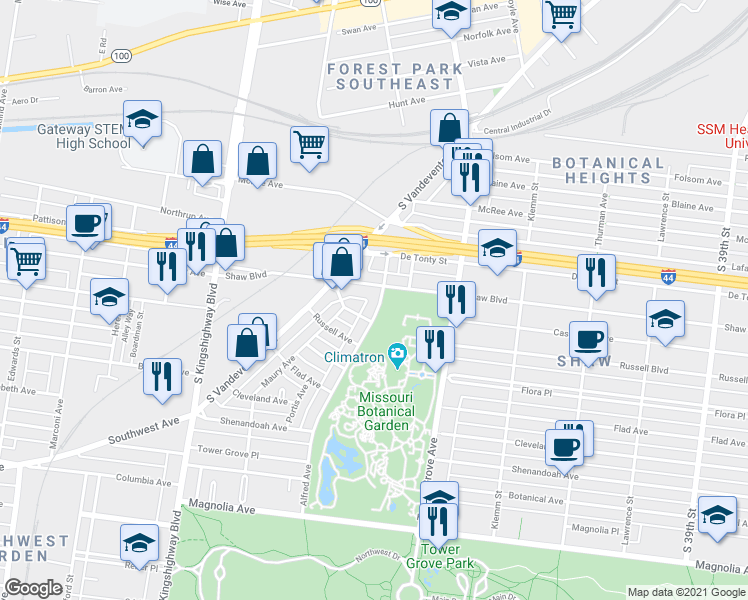 map of restaurants, bars, coffee shops, grocery stores, and more near 1933 Alfred Avenue in St. Louis