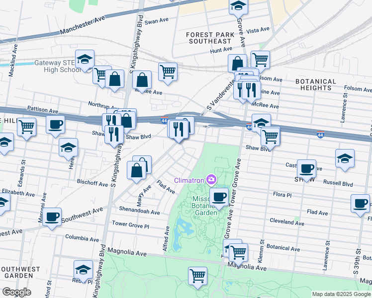 map of restaurants, bars, coffee shops, grocery stores, and more near 1902 Maury Avenue in St. Louis