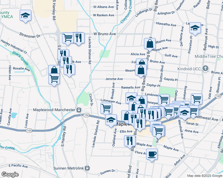map of restaurants, bars, coffee shops, grocery stores, and more near 2521 Bredell Avenue in Maplewood