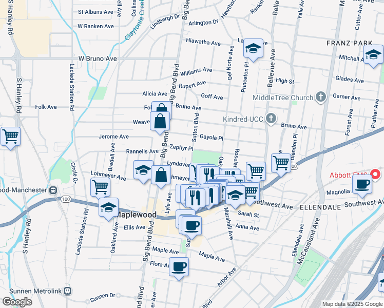 map of restaurants, bars, coffee shops, grocery stores, and more near 2429 Sutton Blvd in Maplewood