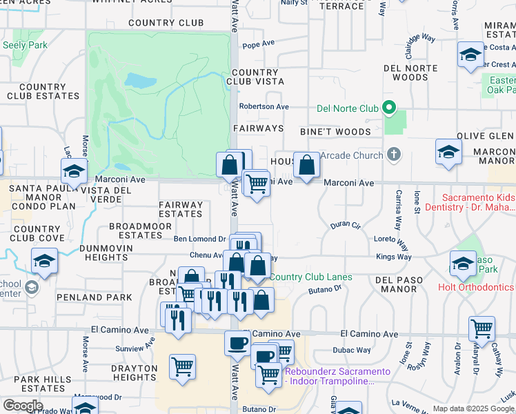 map of restaurants, bars, coffee shops, grocery stores, and more near 3518 Marconi Avenue in Sacramento