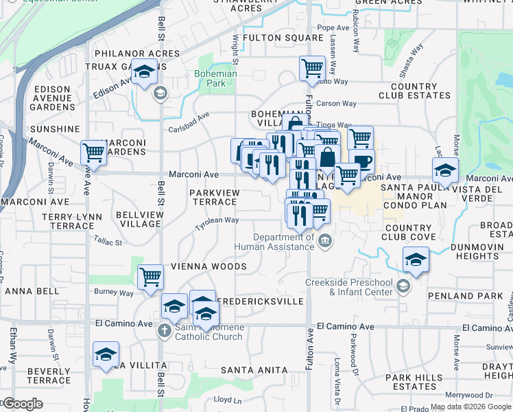 map of restaurants, bars, coffee shops, grocery stores, and more near 2844 Wright Street in Sacramento