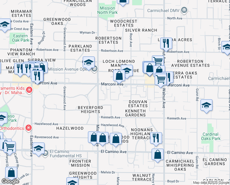 map of restaurants, bars, coffee shops, grocery stores, and more near 4808 Marconi Avenue in Carmichael