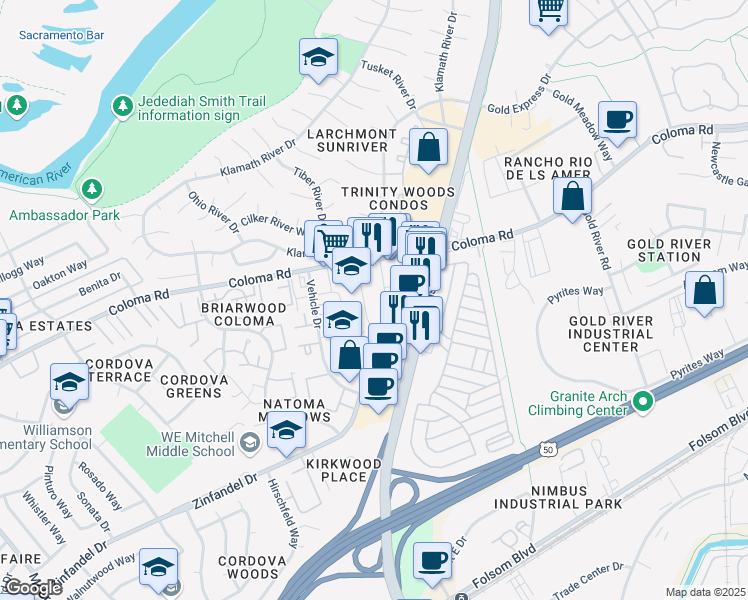 map of restaurants, bars, coffee shops, grocery stores, and more near 2344 Sunrise Boulevard in Rancho Cordova