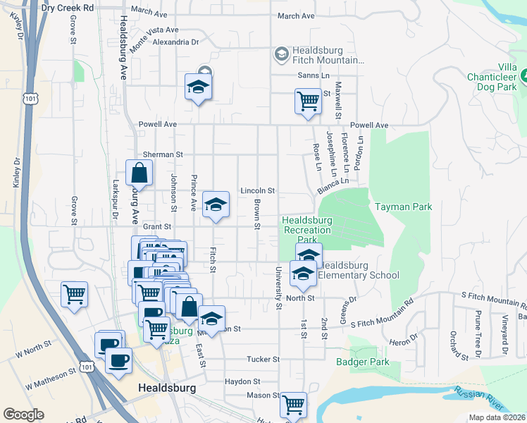 map of restaurants, bars, coffee shops, grocery stores, and more near 443 Grant Street in Healdsburg