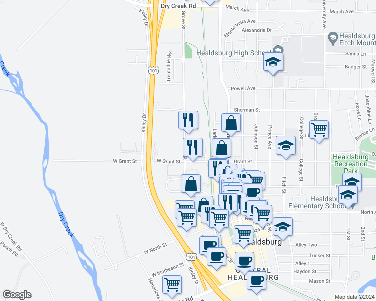 map of restaurants, bars, coffee shops, grocery stores, and more near 14636 Grove Street in Healdsburg