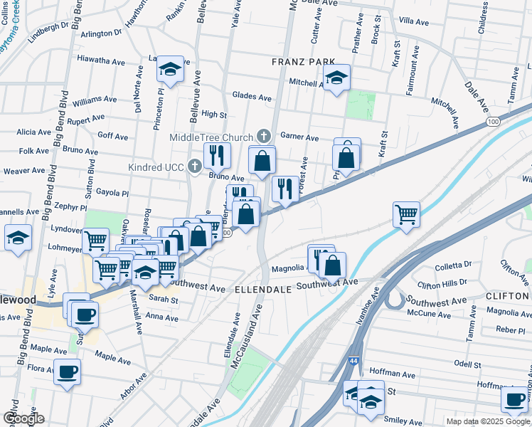 map of restaurants, bars, coffee shops, grocery stores, and more near Manchester Avenue & McCausland Avenue in Saint Louis