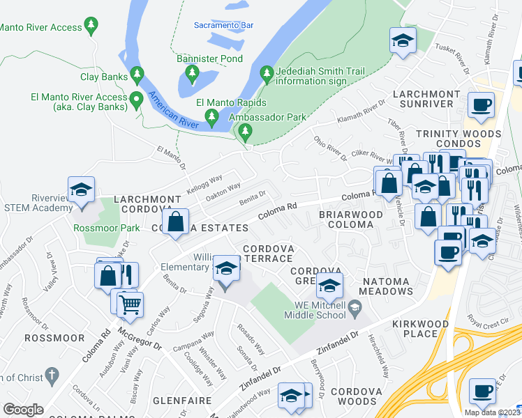 map of restaurants, bars, coffee shops, grocery stores, and more near 10880 Coloma Road in Rancho Cordova