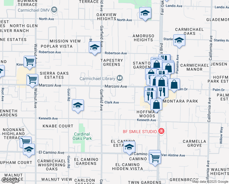 map of restaurants, bars, coffee shops, grocery stores, and more near 5545 Clark Avenue in Carmichael