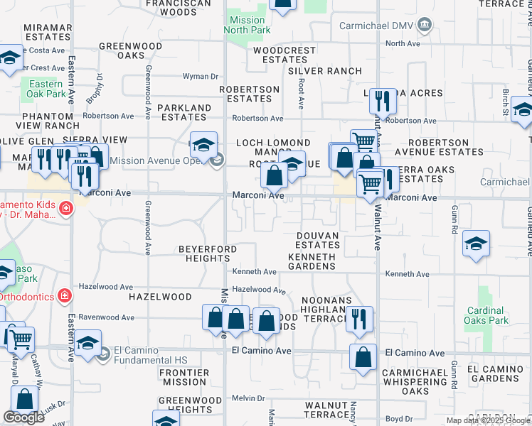 map of restaurants, bars, coffee shops, grocery stores, and more near 4808 Marconi Avenue in Carmichael