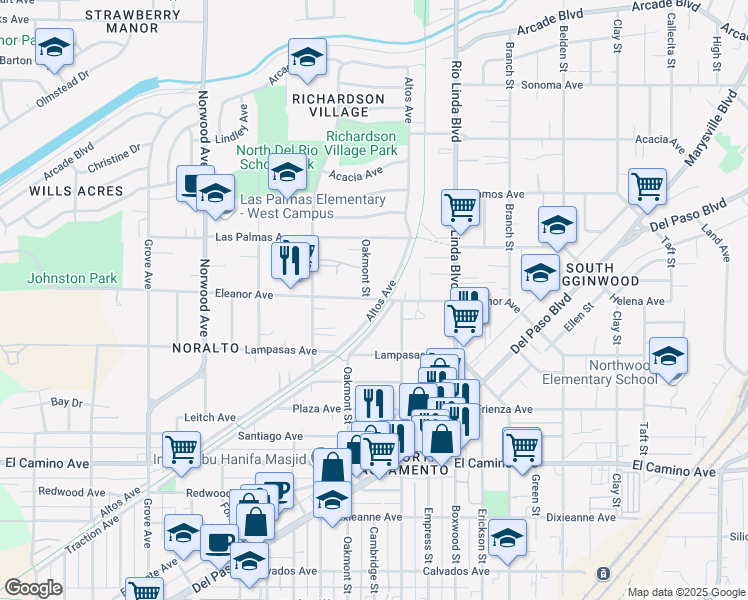 map of restaurants, bars, coffee shops, grocery stores, and more near 2636 Traction Avenue in Sacramento