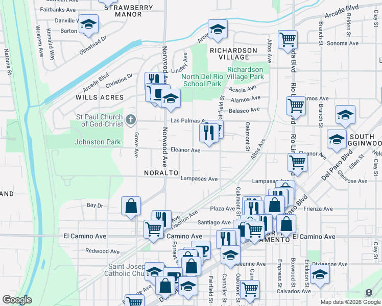 map of restaurants, bars, coffee shops, grocery stores, and more near 2663 Forrest Street in Sacramento