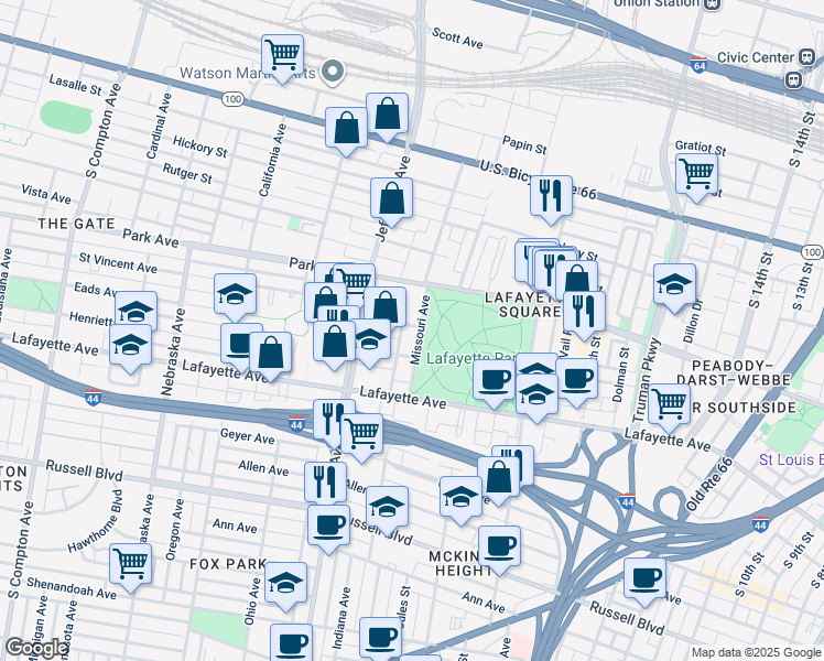 map of restaurants, bars, coffee shops, grocery stores, and more near 2317 Whittemore Place in St. Louis