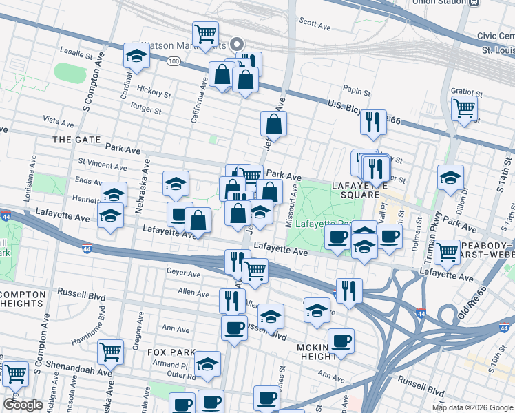 map of restaurants, bars, coffee shops, grocery stores, and more near 2354 Whittemore Place in St. Louis
