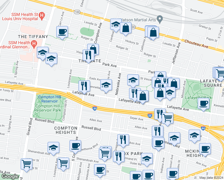 map of restaurants, bars, coffee shops, grocery stores, and more near 2901 Lafayette Avenue in St. Louis