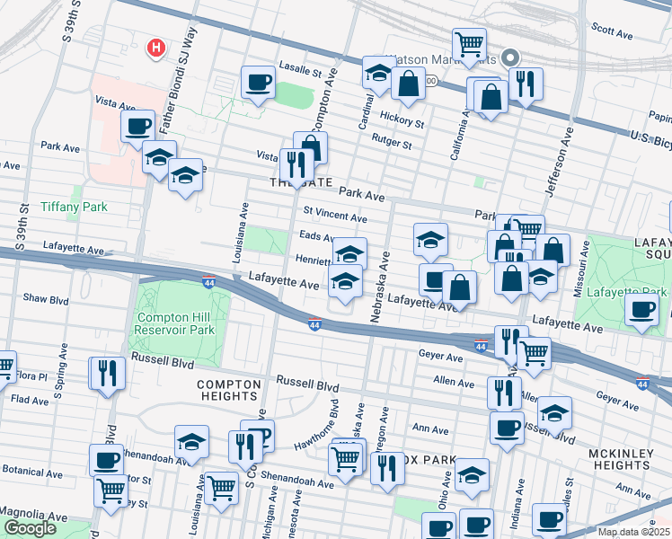map of restaurants, bars, coffee shops, grocery stores, and more near in St. Louis