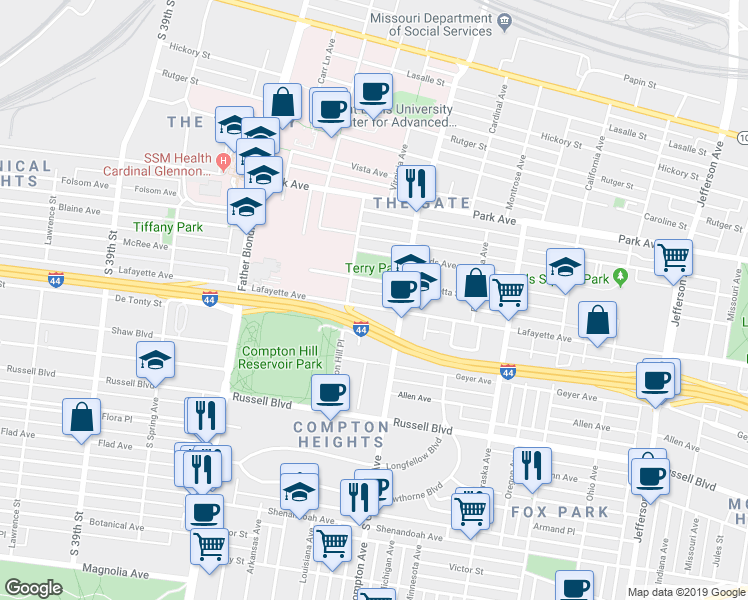 map of restaurants, bars, coffee shops, grocery stores, and more near 3240 Lafayette Avenue in St. Louis