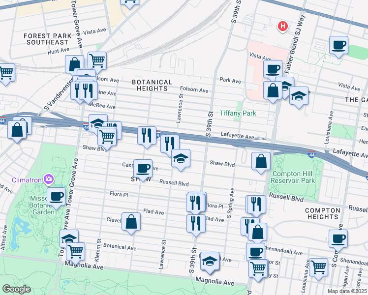 map of restaurants, bars, coffee shops, grocery stores, and more near in St. Louis