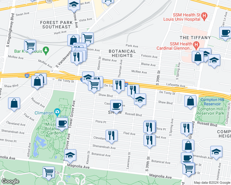 map of restaurants, bars, coffee shops, grocery stores, and more near 4068 Shaw Boulevard in St. Louis