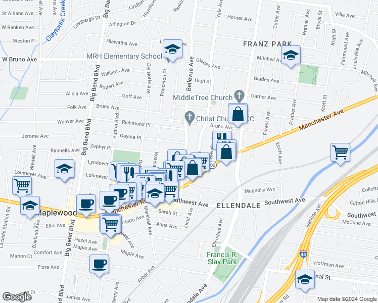 map of restaurants, bars, coffee shops, grocery stores, and more near 2510 Bellevue Avenue in Maplewood