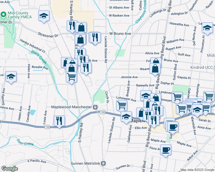 map of restaurants, bars, coffee shops, grocery stores, and more near 2505 Westpoint Drive in Maplewood