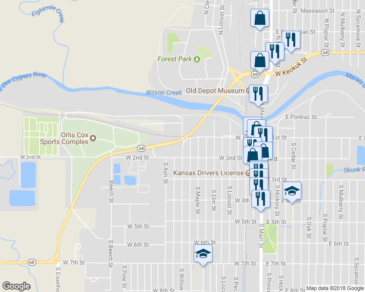 map of restaurants, bars, coffee shops, grocery stores, and more near 116 South Willow Street in Ottawa