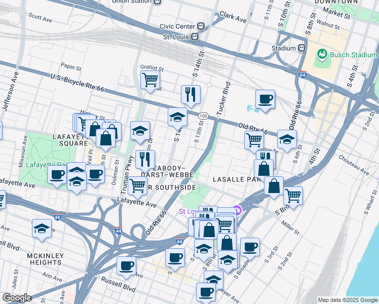 map of restaurants, bars, coffee shops, grocery stores, and more near 1208 South 13th Street in St. Louis