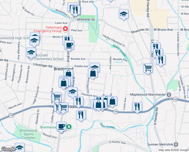 map of restaurants, bars, coffee shops, grocery stores, and more near 8636 Litzsinger Rd in St Louis