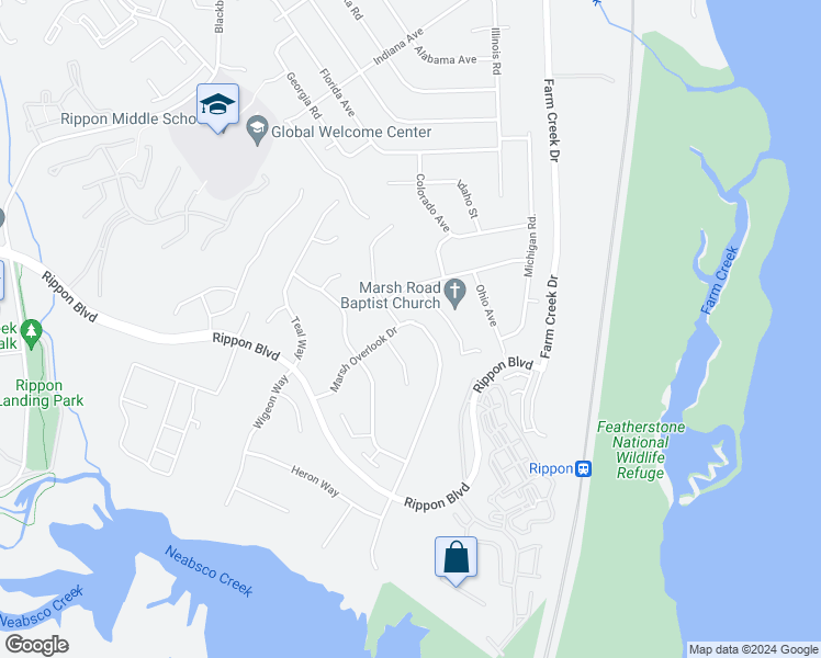 map of restaurants, bars, coffee shops, grocery stores, and more near 15440 Marsh Overlook Drive in Woodbridge