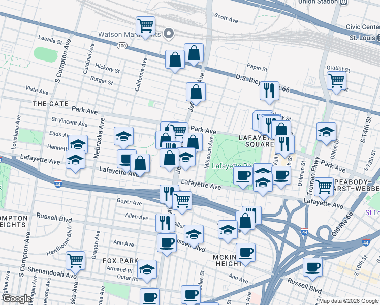 map of restaurants, bars, coffee shops, grocery stores, and more near 2317 Whittemore Place in St. Louis