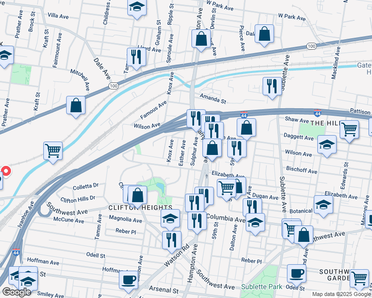 map of restaurants, bars, coffee shops, grocery stores, and more near 2165 Esther Avenue in St. Louis