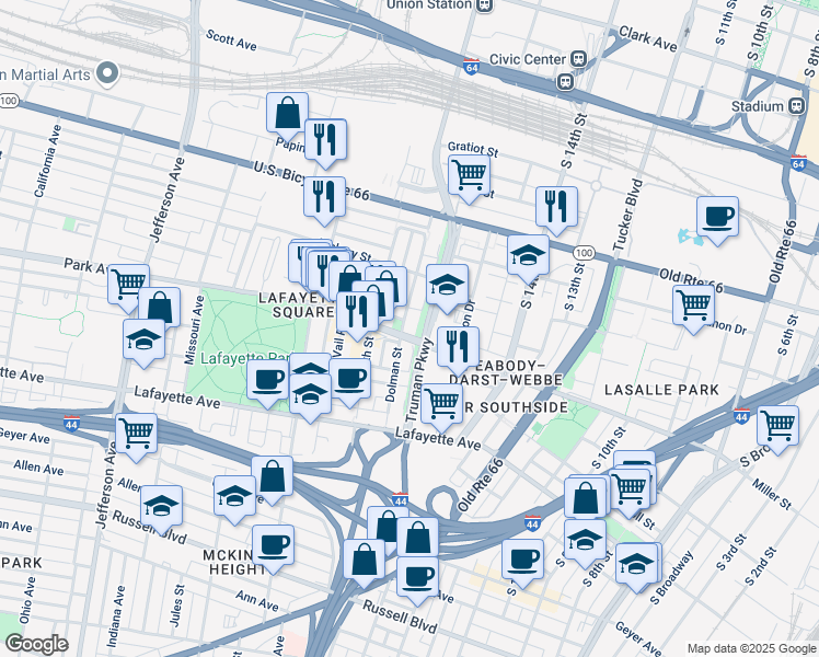 map of restaurants, bars, coffee shops, grocery stores, and more near 1330 Dolman Street in St. Louis