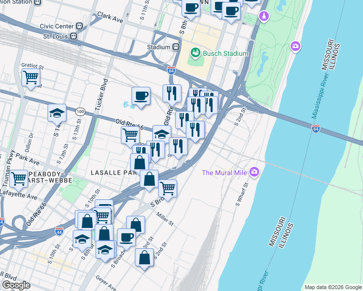 map of restaurants, bars, coffee shops, grocery stores, and more near 1104 South 4th Street in St. Louis