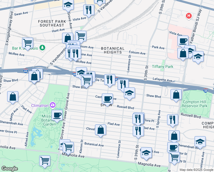 map of restaurants, bars, coffee shops, grocery stores, and more near 4068 Shaw Boulevard in St. Louis