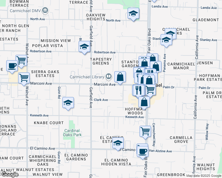 map of restaurants, bars, coffee shops, grocery stores, and more near 5621 Clark Avenue in Carmichael