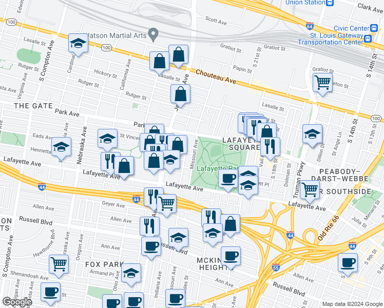 map of restaurants, bars, coffee shops, grocery stores, and more near 2317 Whittemore Place in St. Louis