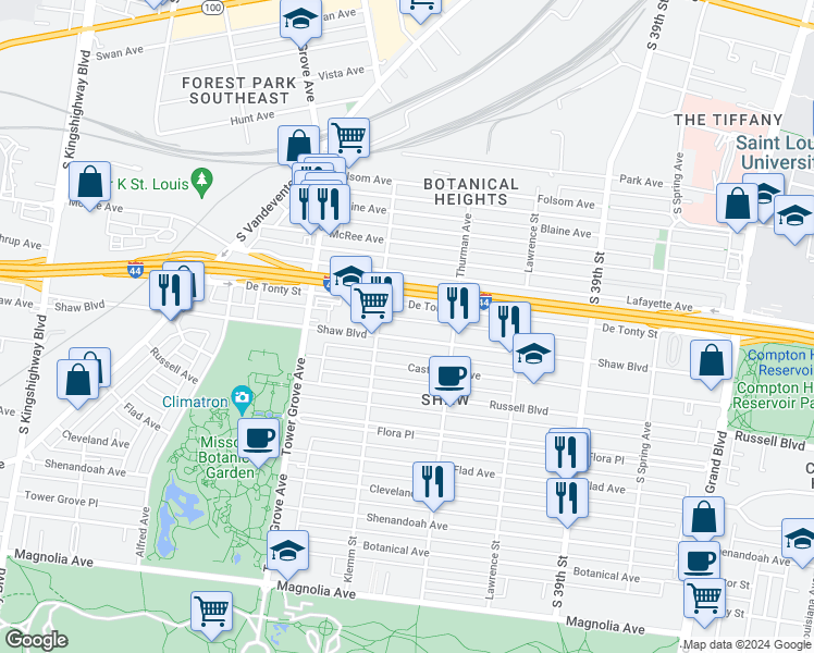 map of restaurants, bars, coffee shops, grocery stores, and more near 4136 Shaw Boulevard in St. Louis