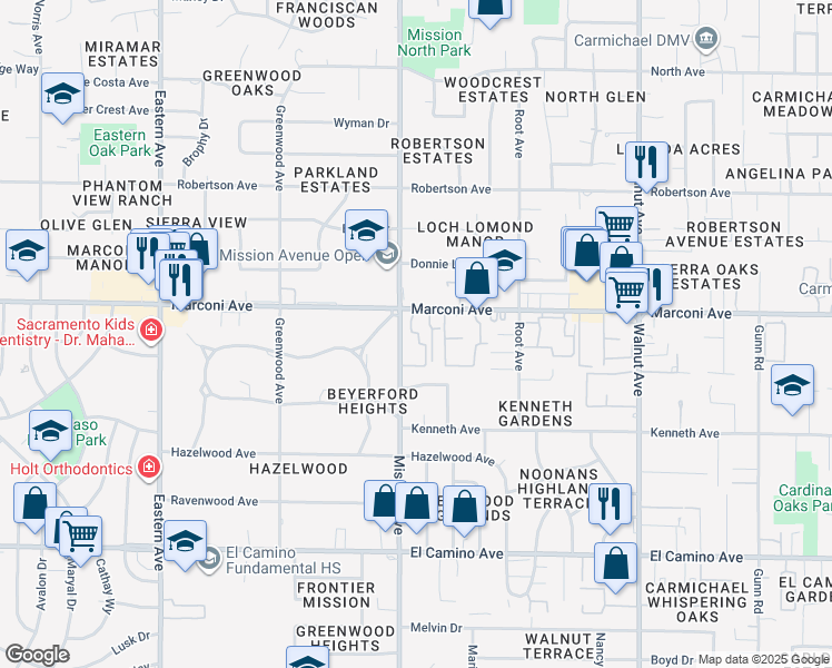 map of restaurants, bars, coffee shops, grocery stores, and more near 4700 Marconi Avenue in Carmichael