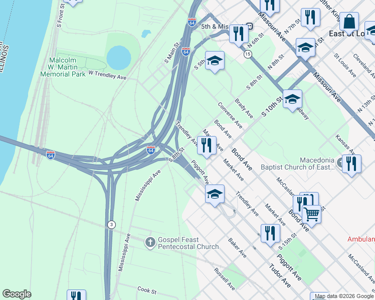 map of restaurants, bars, coffee shops, grocery stores, and more near 818 Piggott Avenue in East St. Louis