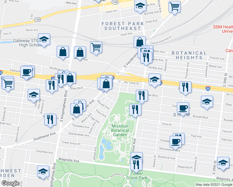 map of restaurants, bars, coffee shops, grocery stores, and more near 1933 Alfred Avenue in St. Louis