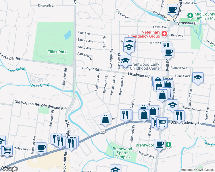 map of restaurants, bars, coffee shops, grocery stores, and more near 2511 Pocahontas Place in St. Louis