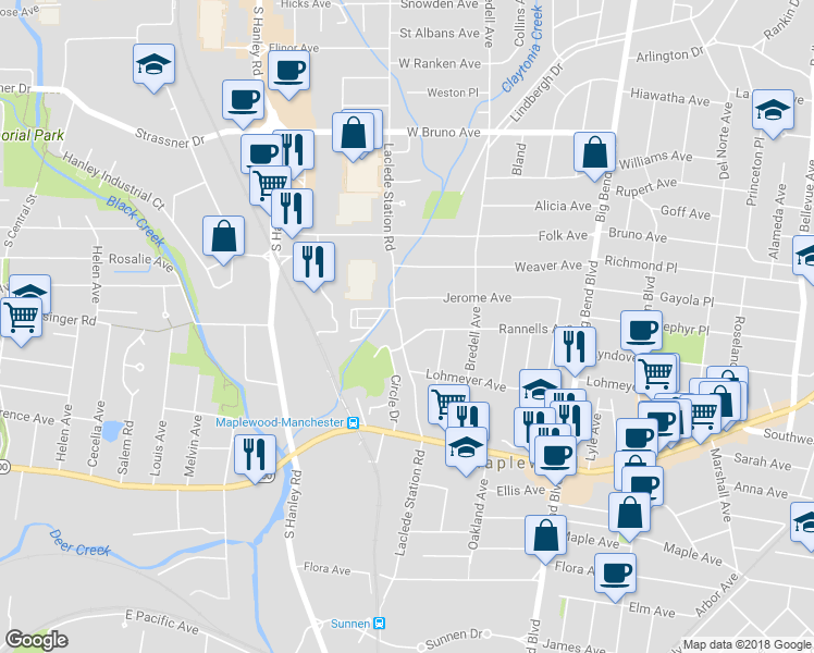 map of restaurants, bars, coffee shops, grocery stores, and more near 2408 Laclede Station Rd in St Louis