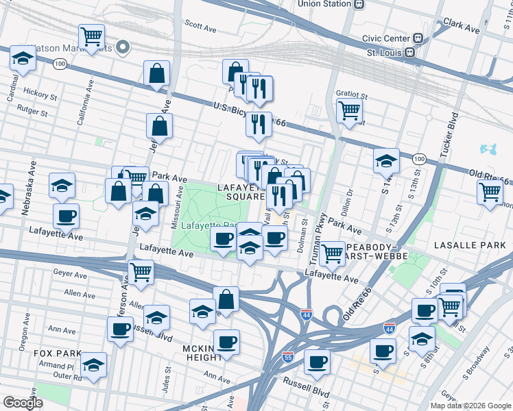 map of restaurants, bars, coffee shops, grocery stores, and more near 1420 Mississippi Avenue in St. Louis