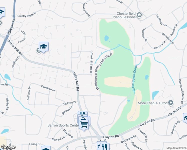map of restaurants, bars, coffee shops, grocery stores, and more near 2028 Terrimill Terrace in Chesterfield