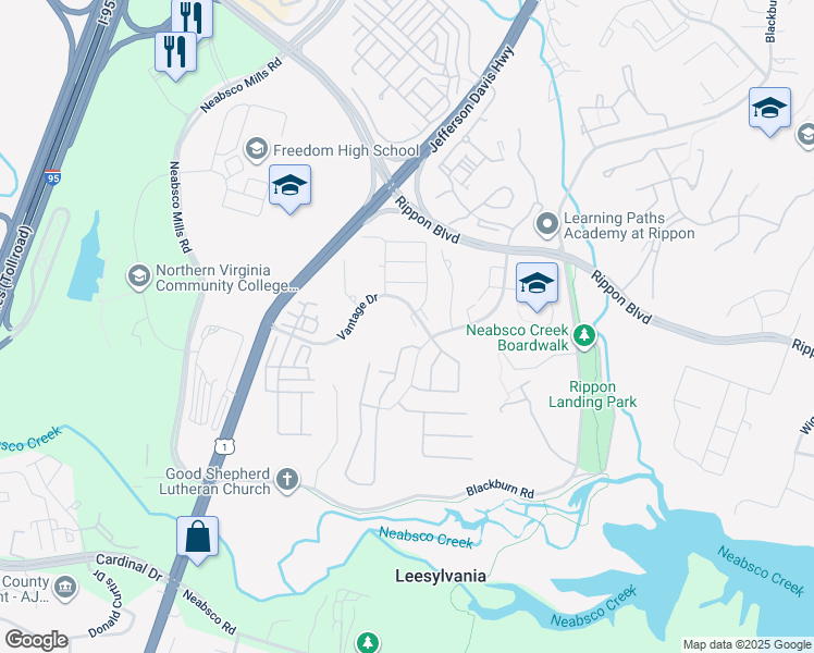 map of restaurants, bars, coffee shops, grocery stores, and more near 2207 Vantage Drive in Woodbridge