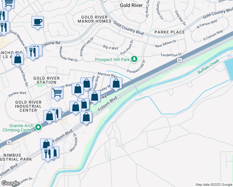 map of restaurants, bars, coffee shops, grocery stores, and more near 11541 Folsom Boulevard in Rancho Cordova