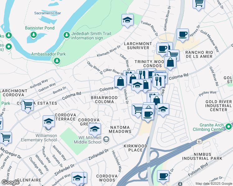 map of restaurants, bars, coffee shops, grocery stores, and more near 11020 Coloma Road in Rancho Cordova