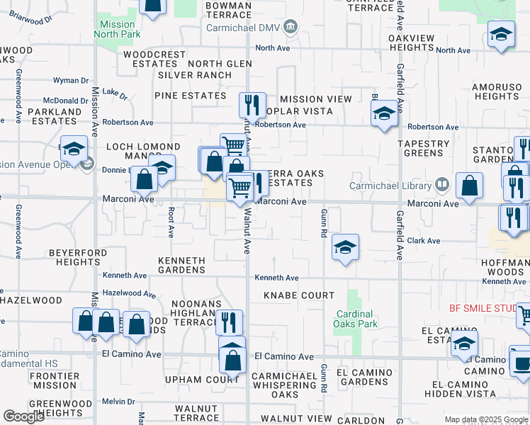 map of restaurants, bars, coffee shops, grocery stores, and more near 5101 Marconi Avenue in Carmichael