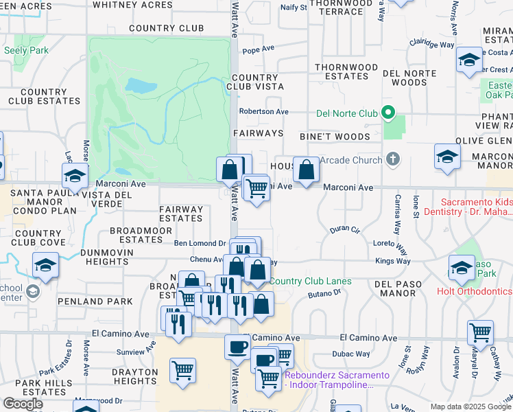 map of restaurants, bars, coffee shops, grocery stores, and more near 3521 Marconi Avenue in Sacramento
